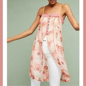 Anthro Feather Bone Everly Sheer Pink Floral Long Tunic Tank Flowy Romantic NWT